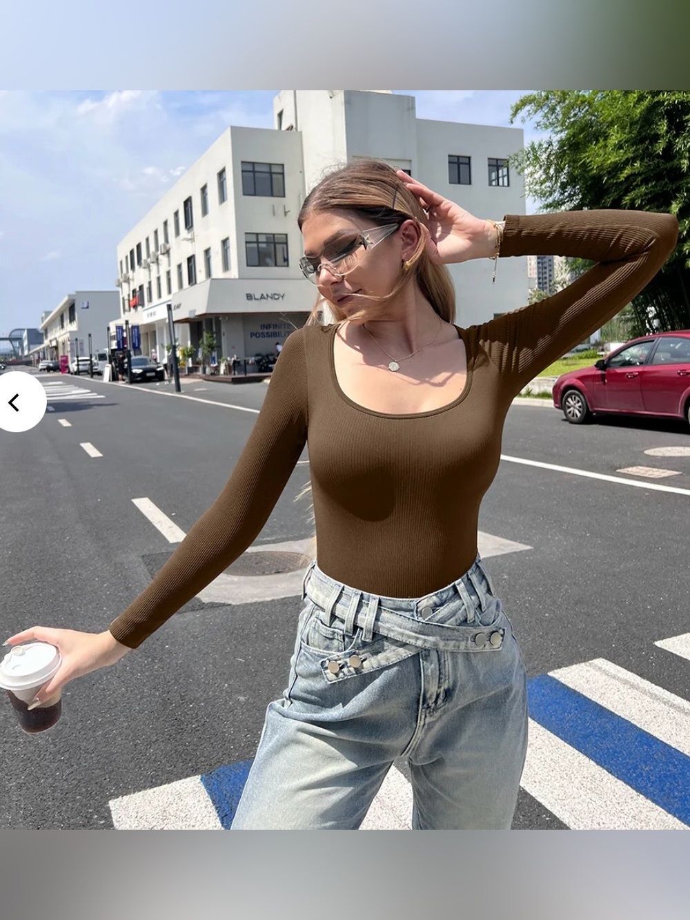 Ribbed Scoop Neck Long Sleeve Crop Top- Brown